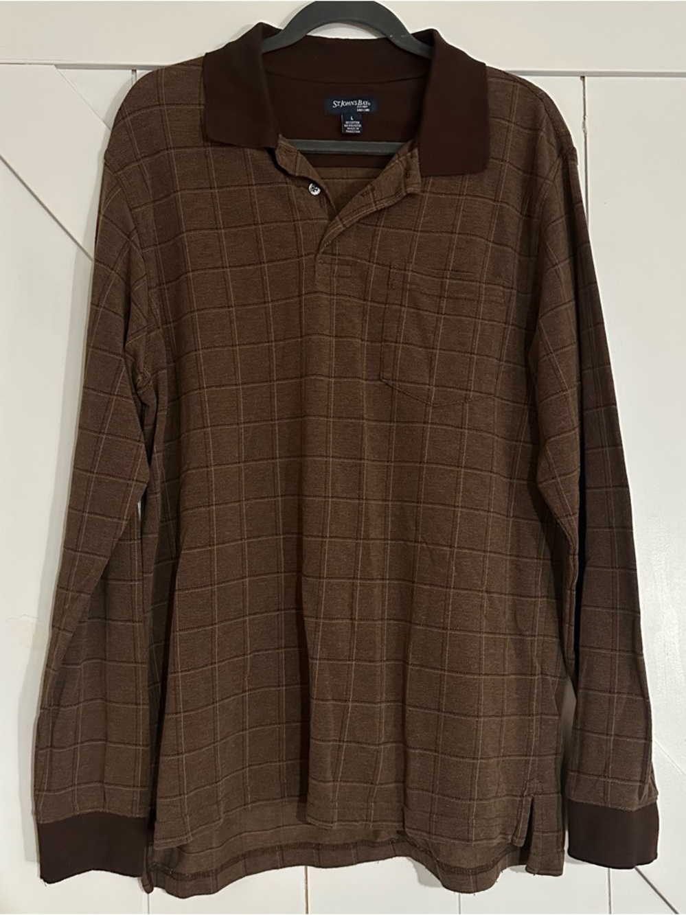 St. John's Bay Brown Windowpane Long-Sleeve Polo